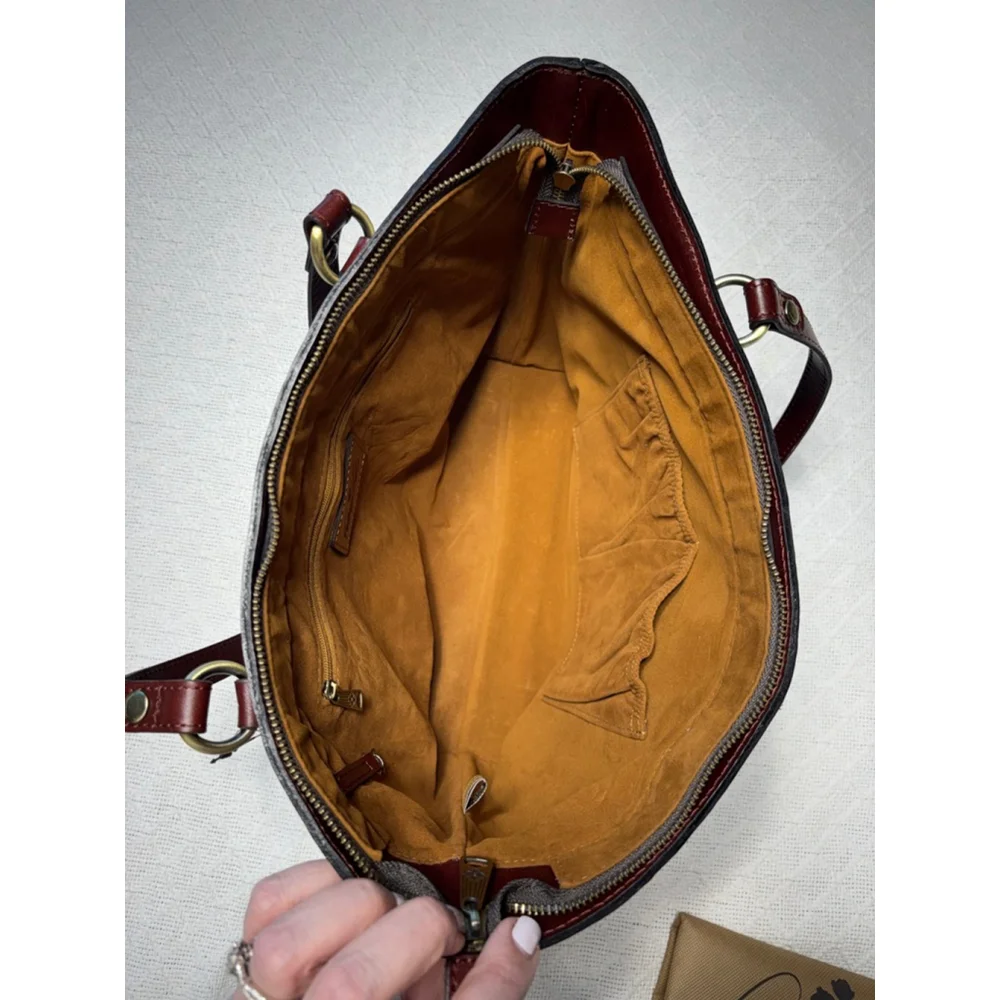 Patricia Nash Navy Tote with Brown Leather Handles and Scenic Gold & Pink Print - Picture 13 of 15